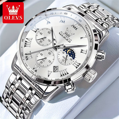 Men's Quartz Watch - OLEVS 's Luxury Dress Stainless Steel Chronograph, Moon Phase, Roman - product detail view 25