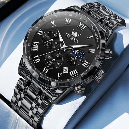 Men's Quartz Watch - OLEVS 's Luxury Dress Stainless Steel Chronograph, Moon Phase, Roman - product detail view 26