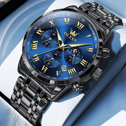 Men's Quartz Watch - OLEVS 's Luxury Dress Stainless Steel Chronograph, Moon Phase, Roman - product detail view 27