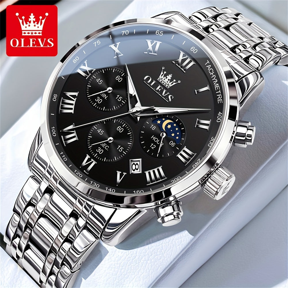 Men's Quartz Watch - OLEVS 's Luxury Dress Stainless Steel Chronograph, Moon Phase, Roman - product detail view 28