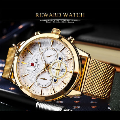 Men's Quartz Watch - REWARD 's Chronograph Luminous Stainless Steel Strap, Date Display, Gold & - product detail view 5