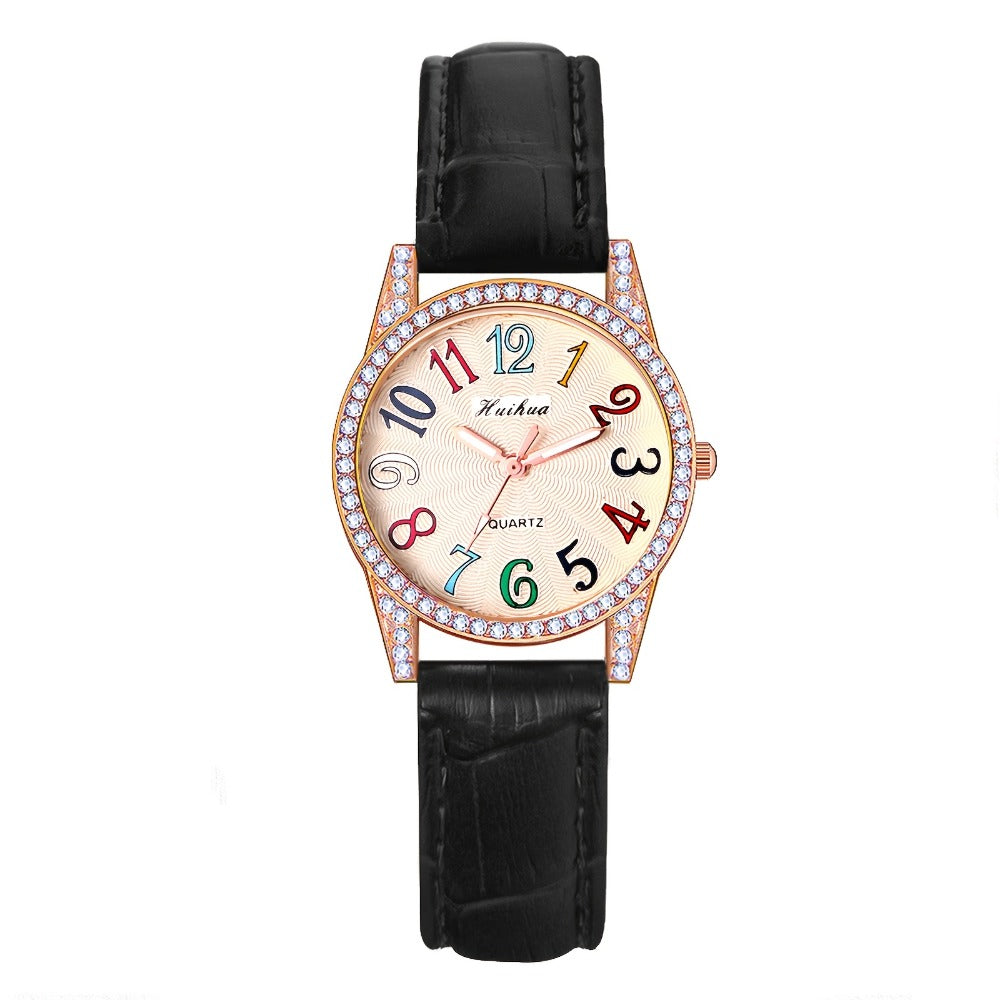 Women's Quartz Watch - Rhinestone Dial for Girls Colorful Arabic Numerals PU Leather Band - product detail view 6