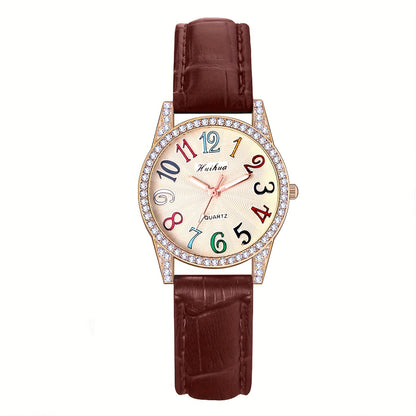 Women's Quartz Watch - Rhinestone Dial for Girls Colorful Arabic Numerals PU Leather Band - product detail view 12