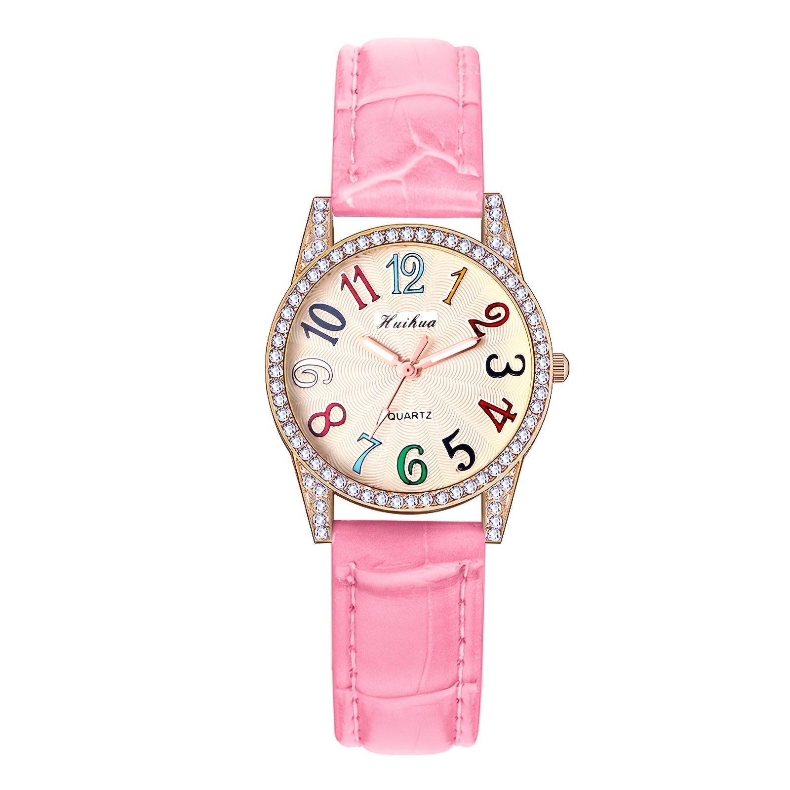 Women's Quartz Watch - Rhinestone Dial for Girls Colorful Arabic Numerals PU Leather Band - product detail view 13