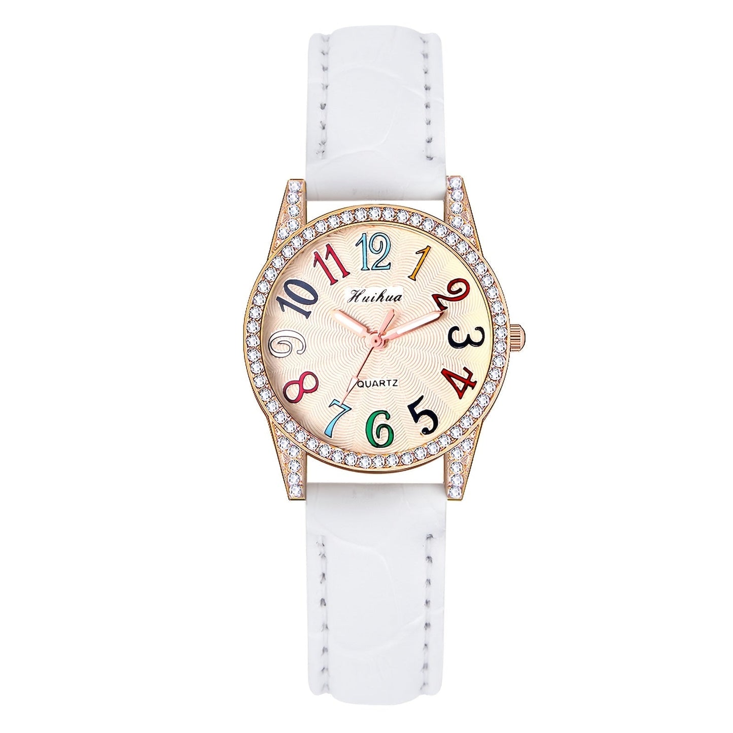 Women's Quartz Watch - Rhinestone Dial for Girls Colorful Arabic Numerals PU Leather Band - product detail view 14