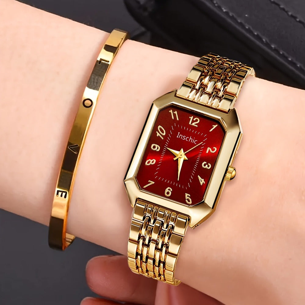Women's Quartz Watch - 's & Bangle Set 2pcs Vintage Rectangular Dial with Trendy Open Bangle - product detail view 4