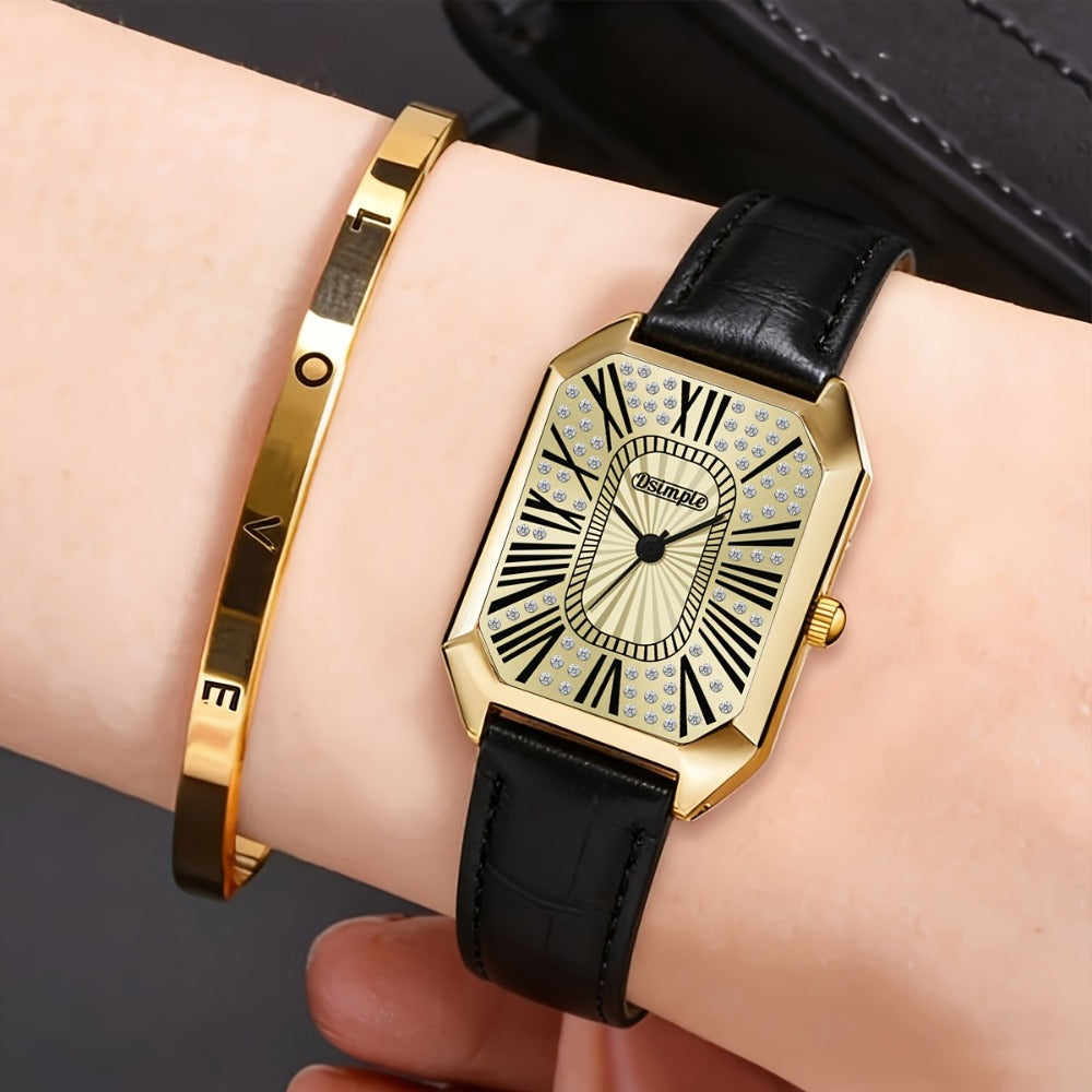 Women's Quartz Watch - 's & Bangle Set 2pcs Vintage Rectangular Dial with Trendy Open Bangle - product detail view 23