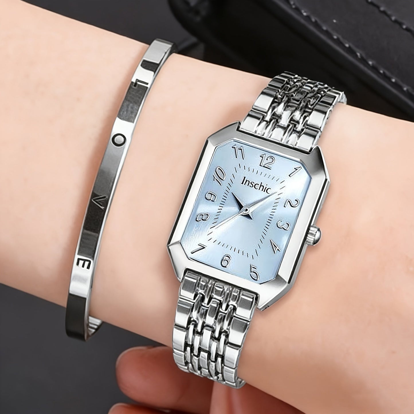 Women's Quartz Watch - 's & Bangle Set 2pcs Vintage Rectangular Dial with Trendy Open Bangle - product detail view 54
