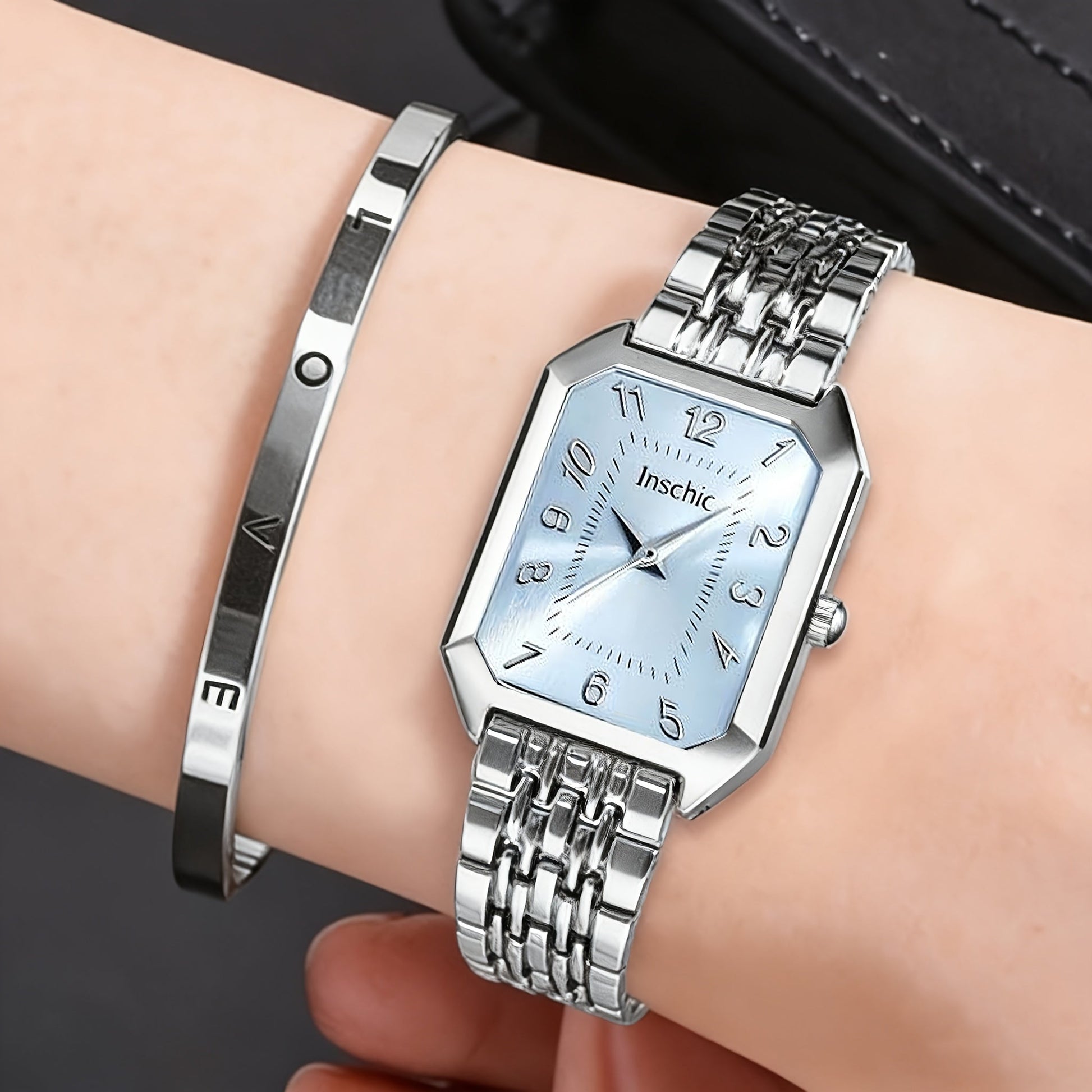 Women's Quartz Watch - 's & Bangle Set 2pcs Vintage Rectangular Dial with Trendy Open Bangle - product detail view 54