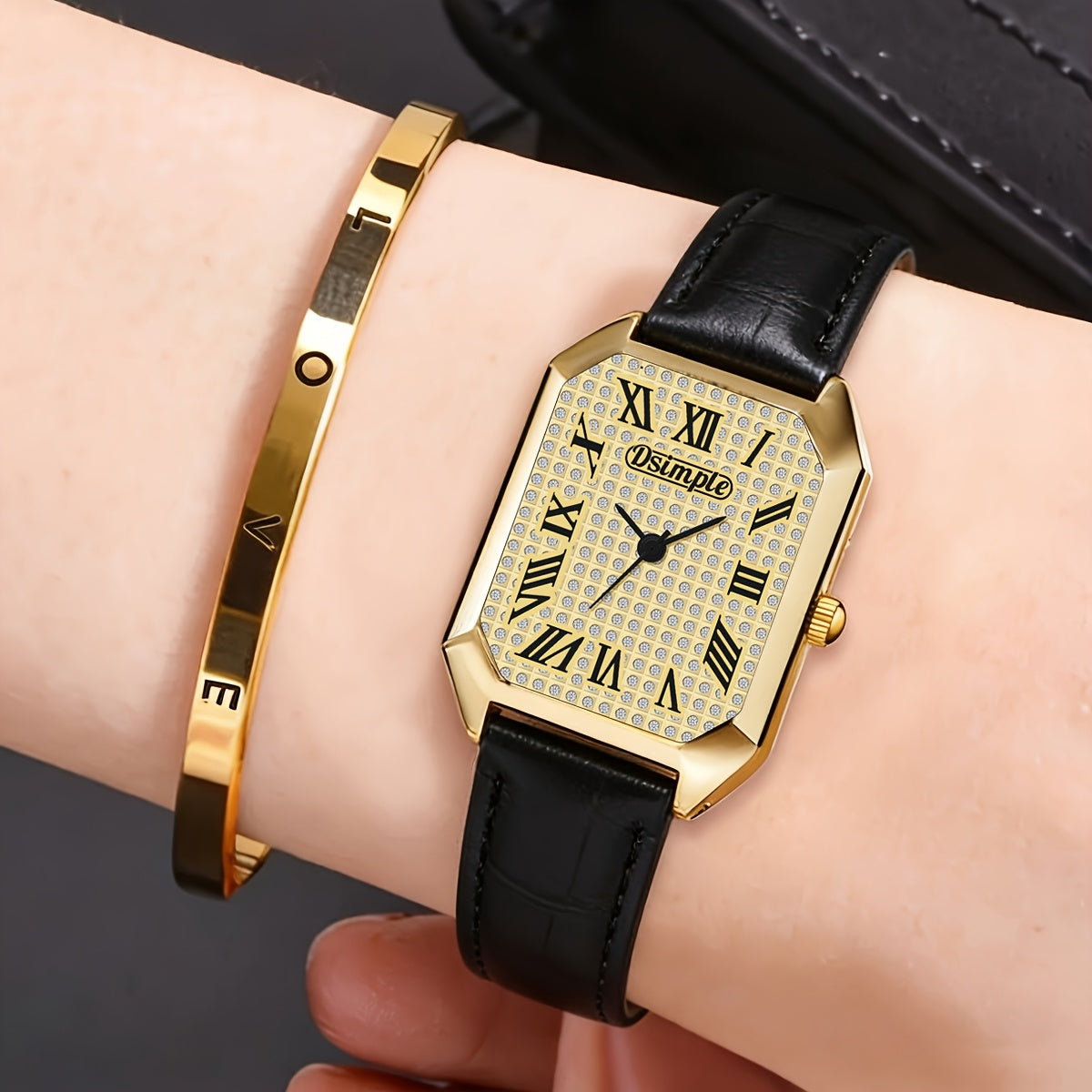 Women's Quartz Watch - 's & Bangle Set 2pcs Vintage Rectangular Dial with Trendy Open Bangle - product detail view 56