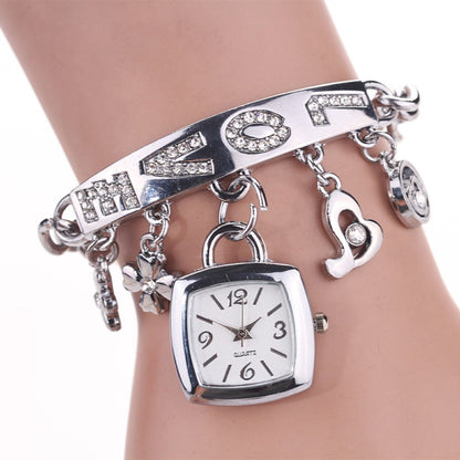 Women's Quartz Watch - 's Bracelet LOVE Roman Numeral Square Dial Flower Decor Dress Ladies - product detail view 2