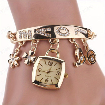 Women's Quartz Watch - 's Bracelet LOVE Roman Numeral Square Dial Flower Decor Dress Ladies - product detail view 4