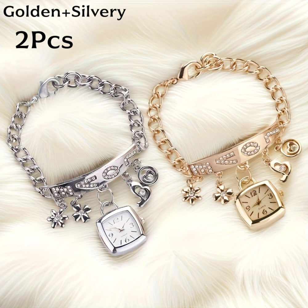 Women's Quartz Watch - 's Bracelet LOVE Roman Numeral Square Dial Flower Decor Dress Ladies - product detail view 6