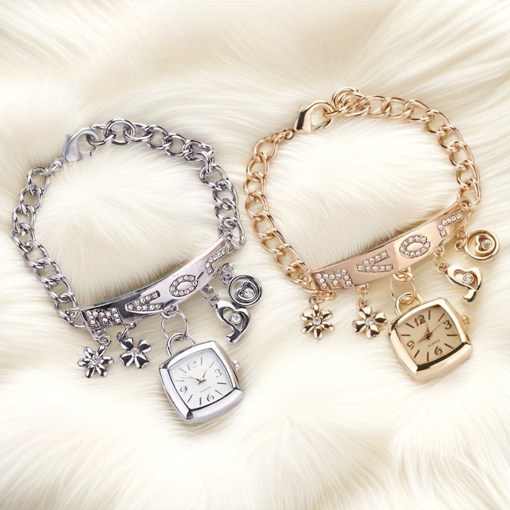 Women's Quartz Watch - 's Bracelet LOVE Roman Numeral Square Dial Flower Decor Dress Ladies - product detail view 10
