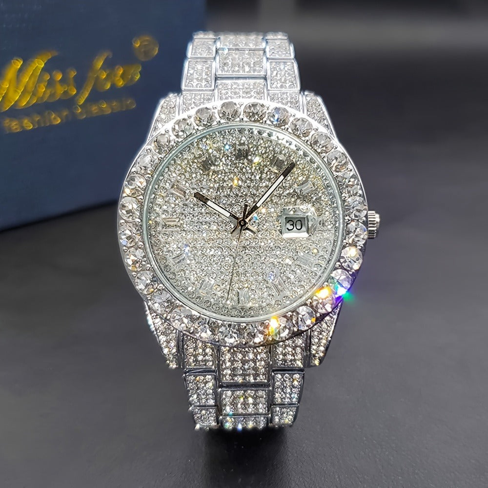 Men's Quartz Watch - 's Business Iced Rhinestone Classic Luxury Bling Wristwatch with Calendar - product detail view 3