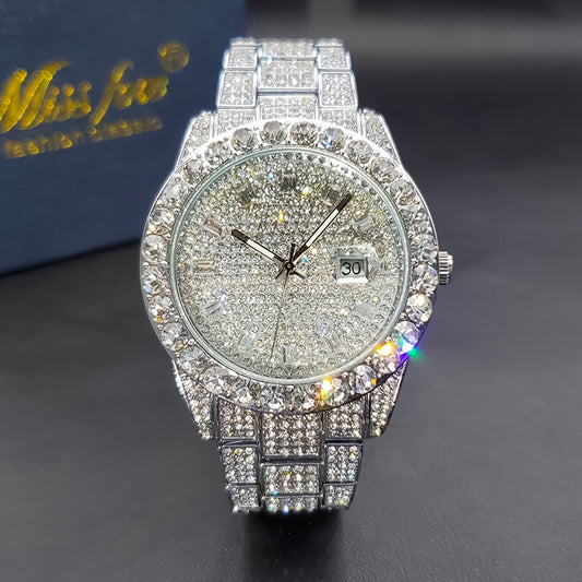 Men's Quartz Watch - 's Business Iced Rhinestone Classic Luxury Bling Wristwatch with Calendar - product detail view 13