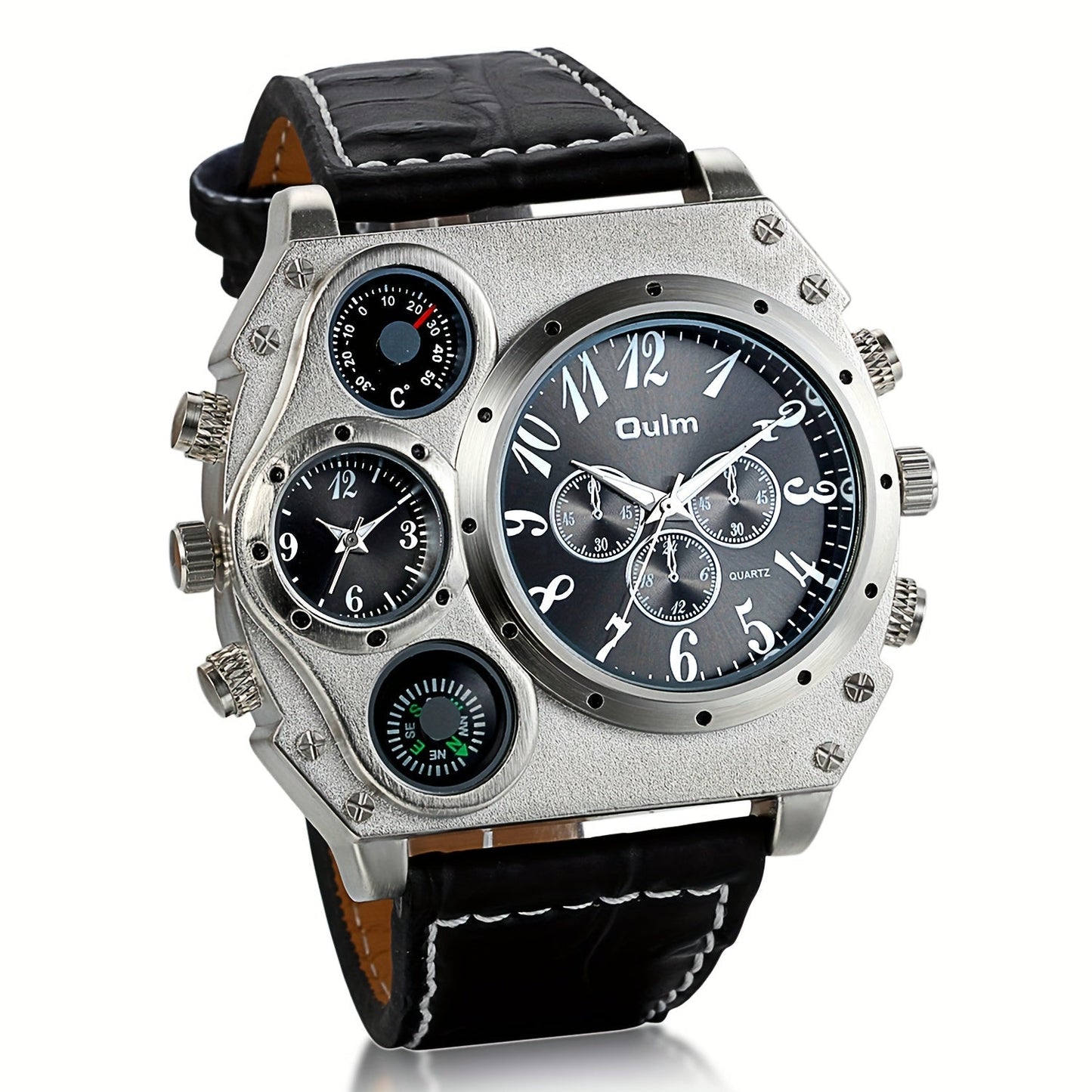 Men's Quartz Watch - 's Dual Time Zone Large Dial Luminous Faux Leather Wristwatch, Casual - product detail view 14
