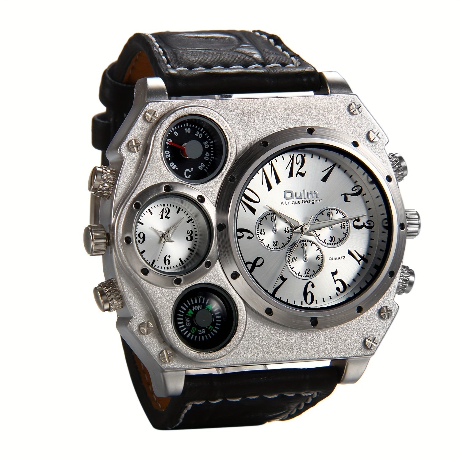 Men's Quartz Watch - 's Dual Time Zone Large Dial Luminous Faux Leather Wristwatch, Casual - product detail view 15
