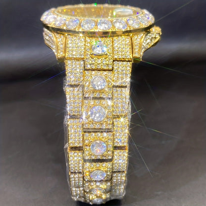 Men's Quartz Watch - 's Rhinestone Calendar Hip Hop Iced Out Business Luxury Couple Silver Gold - product detail view 9