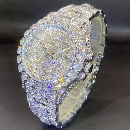 Men's Quartz Watch - 's Rhinestone Calendar Hip Hop Iced Out Business Luxury Couple Silver Gold - product detail view 12