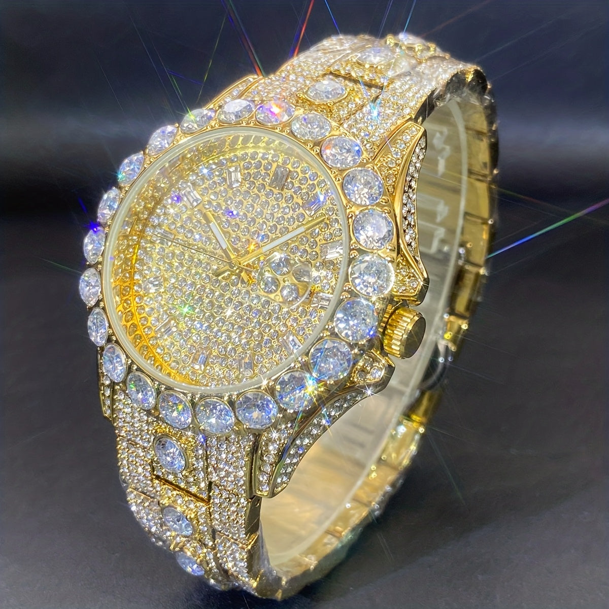 Men's Quartz Watch - 's Rhinestone Calendar Hip Hop Iced Out Business Luxury Couple Silver Gold - product detail view 13