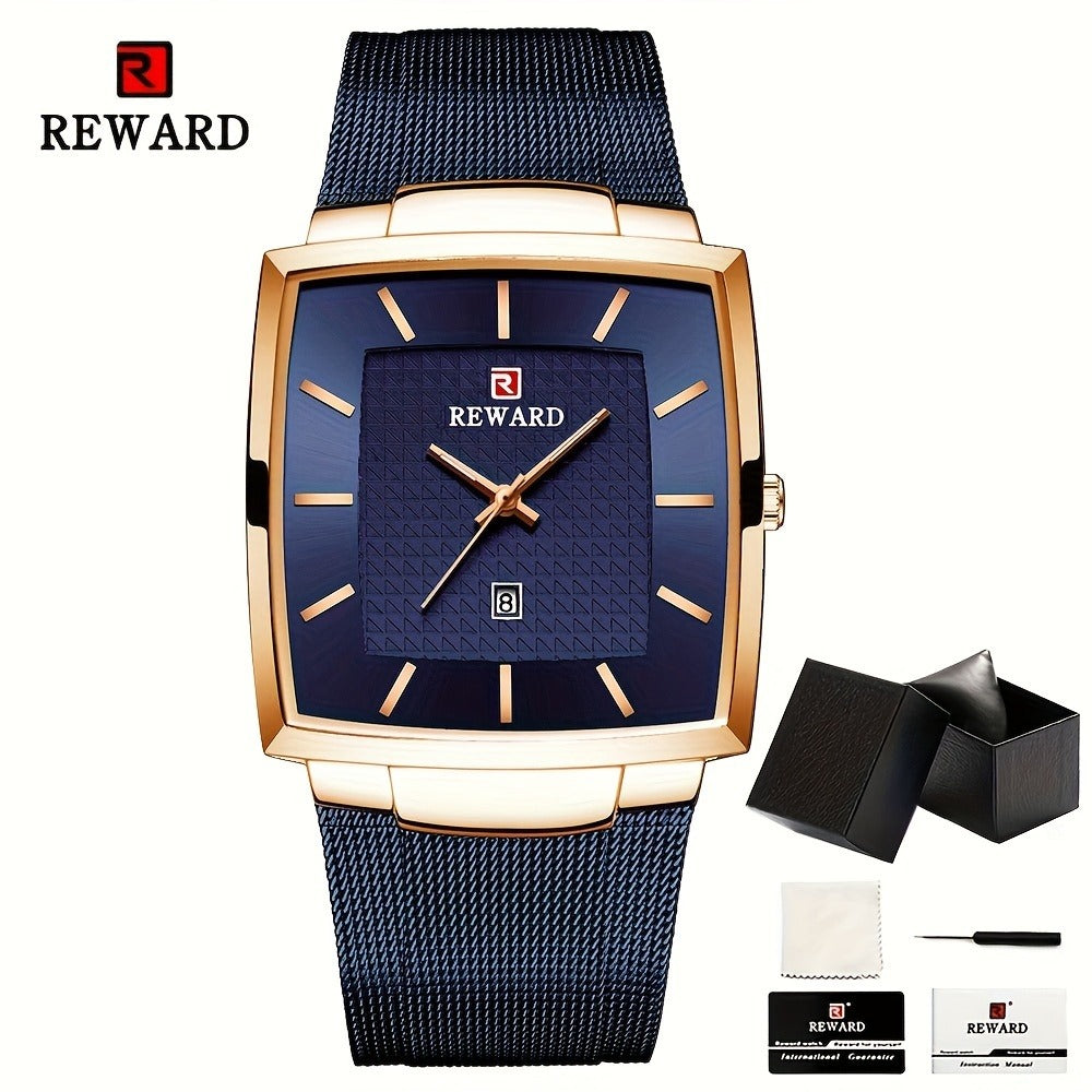 Men's Quartz Watch - 's Square Blue Dial Luxury Stainless Steel Strap, Luminous Hands, Date - product detail view 9