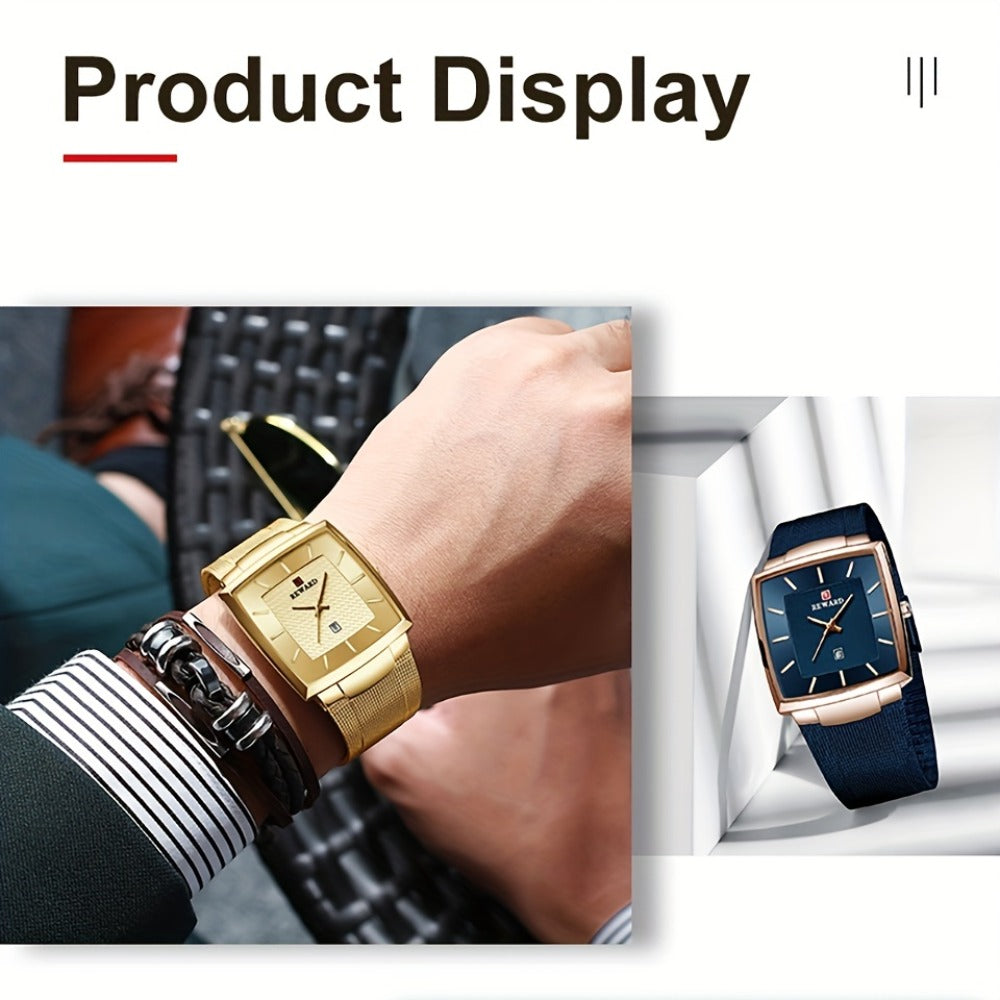 Men's Quartz Watch - 's Square Blue Dial Luxury Stainless Steel Strap, Luminous Hands, Date - product detail view 11
