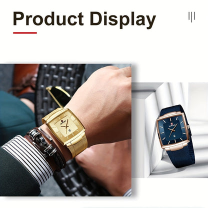 Men's Quartz Watch - 's Square Blue Dial Luxury Stainless Steel Strap, Luminous Hands, Date - product detail view 11