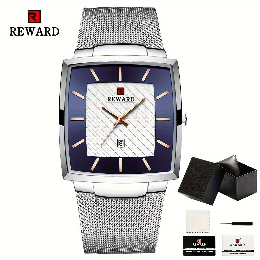 Men's Quartz Watch - 's Square Blue Dial Luxury Stainless Steel Strap, Luminous Hands, Date - product detail view 24