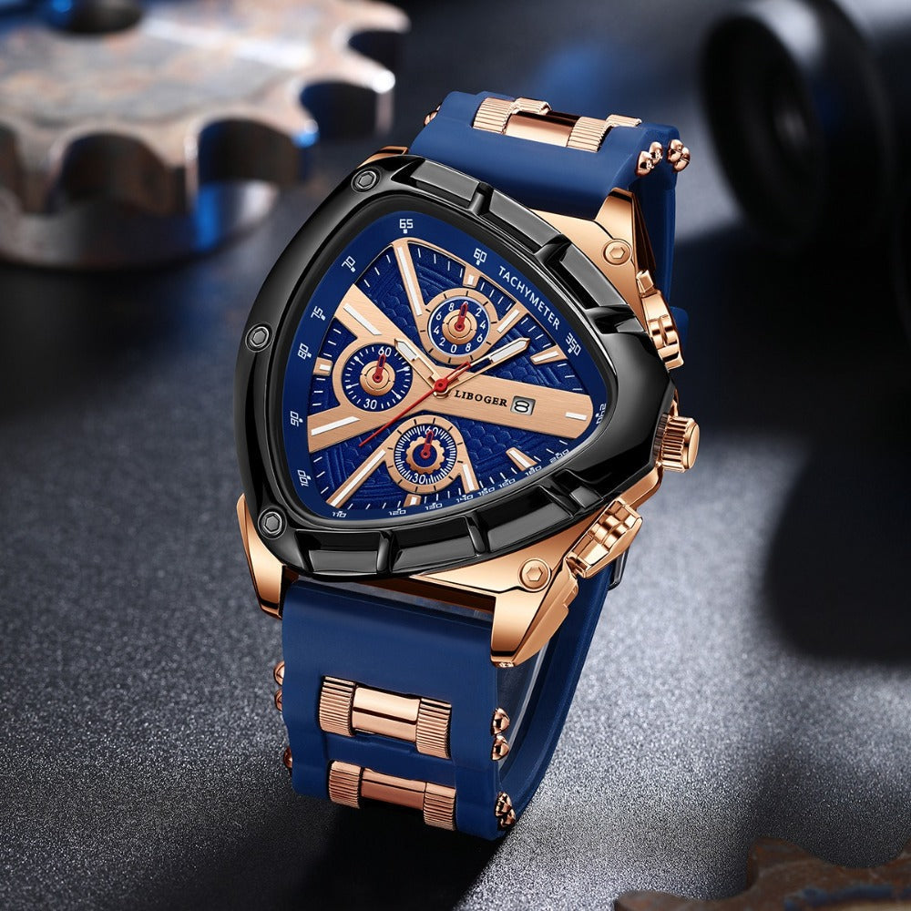 Men's Quartz Watch - 's Triangular Dial Unique Luxury Design, Silicone & Steel Band, Date - product detail view 2