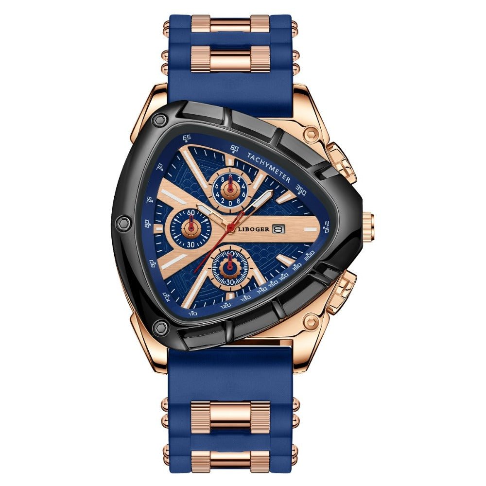 Men's Quartz Watch - 's Triangular Dial Unique Luxury Design, Silicone & Steel Band, Date - product detail view 3