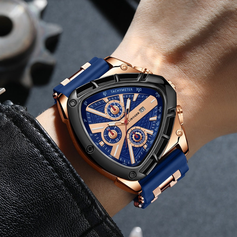Men's Quartz Watch - 's Triangular Dial Unique Luxury Design, Silicone & Steel Band, Date - product detail view 4