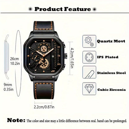 Men's Quartz Watch - 's Vintage Large Square Dial Date Calendar, Analog Wristwatch for Business - product detail view 11