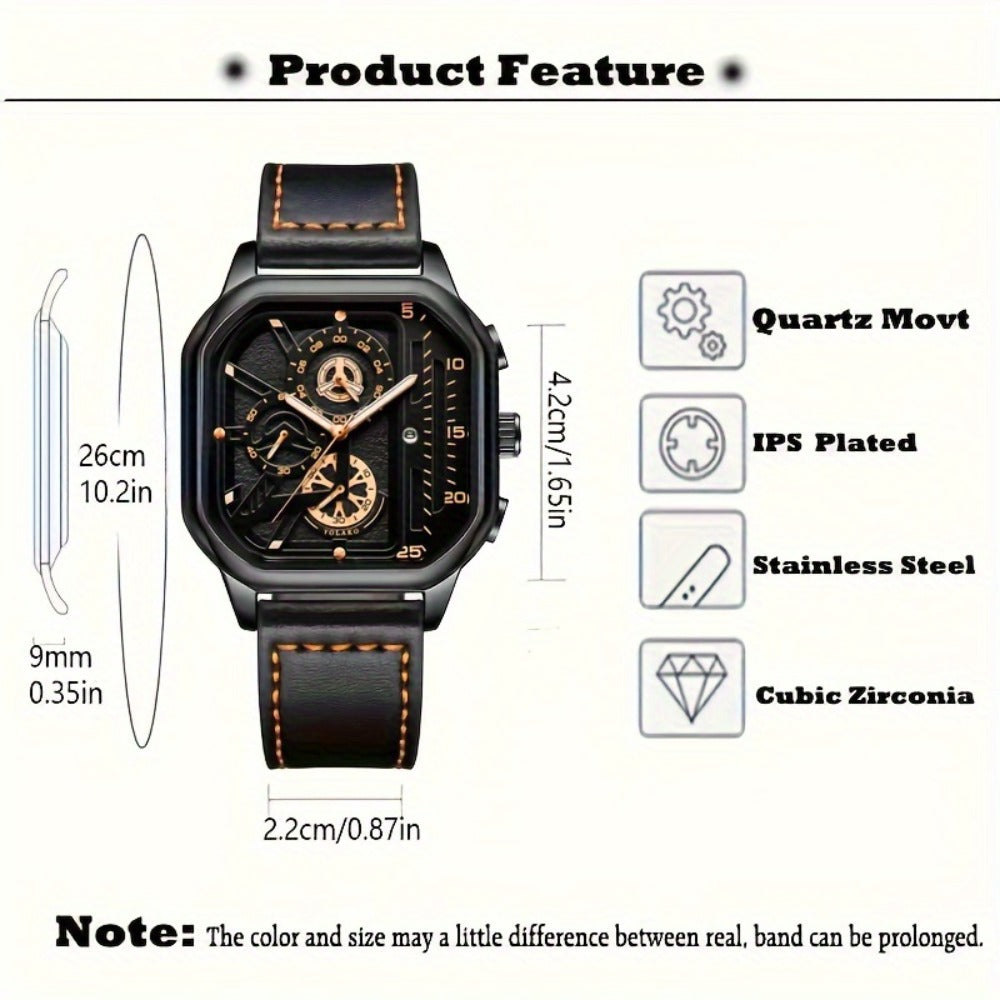 Men's Quartz Watch - 's Vintage Large Square Dial Date Calendar, Analog Wristwatch for Business - product detail view 19