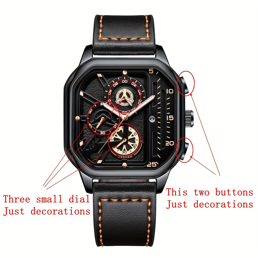 Men's Quartz Watch - 's Vintage Large Square Dial Date Calendar, Analog Wristwatch for Business - product detail view 22