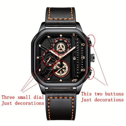 Men's Quartz Watch - 's Vintage Large Square Dial Date Calendar, Analog Wristwatch for Business - product detail view 22
