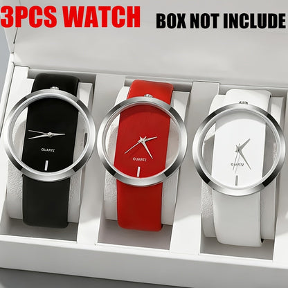 Women's Quartz Watch - 's Watches Set 3pcs, Transparent Dial Ladies Fashion PU Leather Strap - product detail view 11