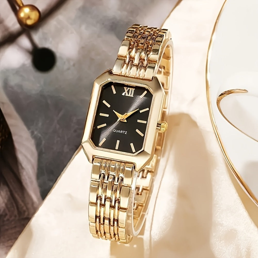 Women's Quartz Watch - Set 2pcs Elegant Golden Tone Stainless Steel Analog Wristwatch Rectangular - product detail view 2