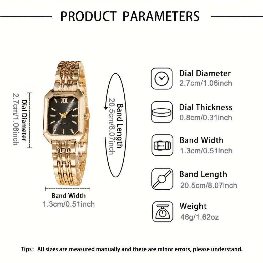 Women's Quartz Watch - Set 2pcs Elegant Golden Tone Stainless Steel Analog Wristwatch Rectangular - product detail view 5