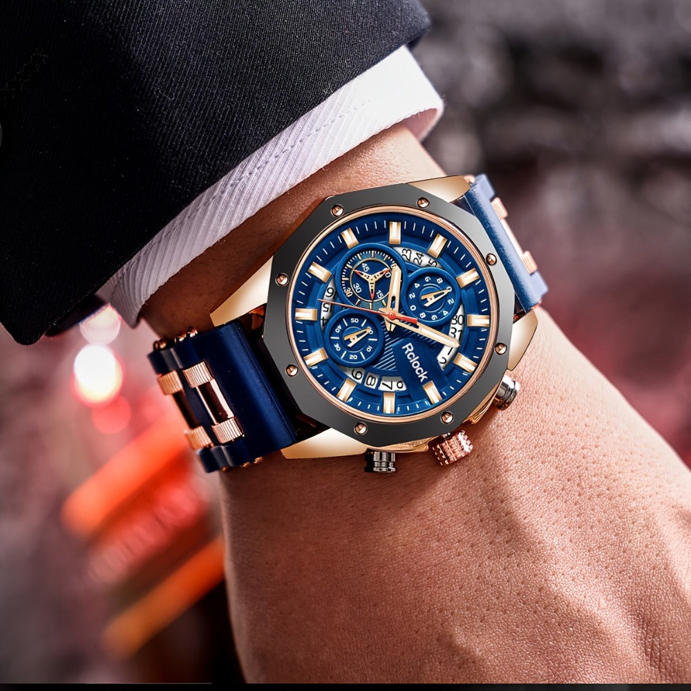 Men's Quartz Watch - Sport Chronograph for Vintage Large Round Dial Silicone Strap Calendar - product detail view 6