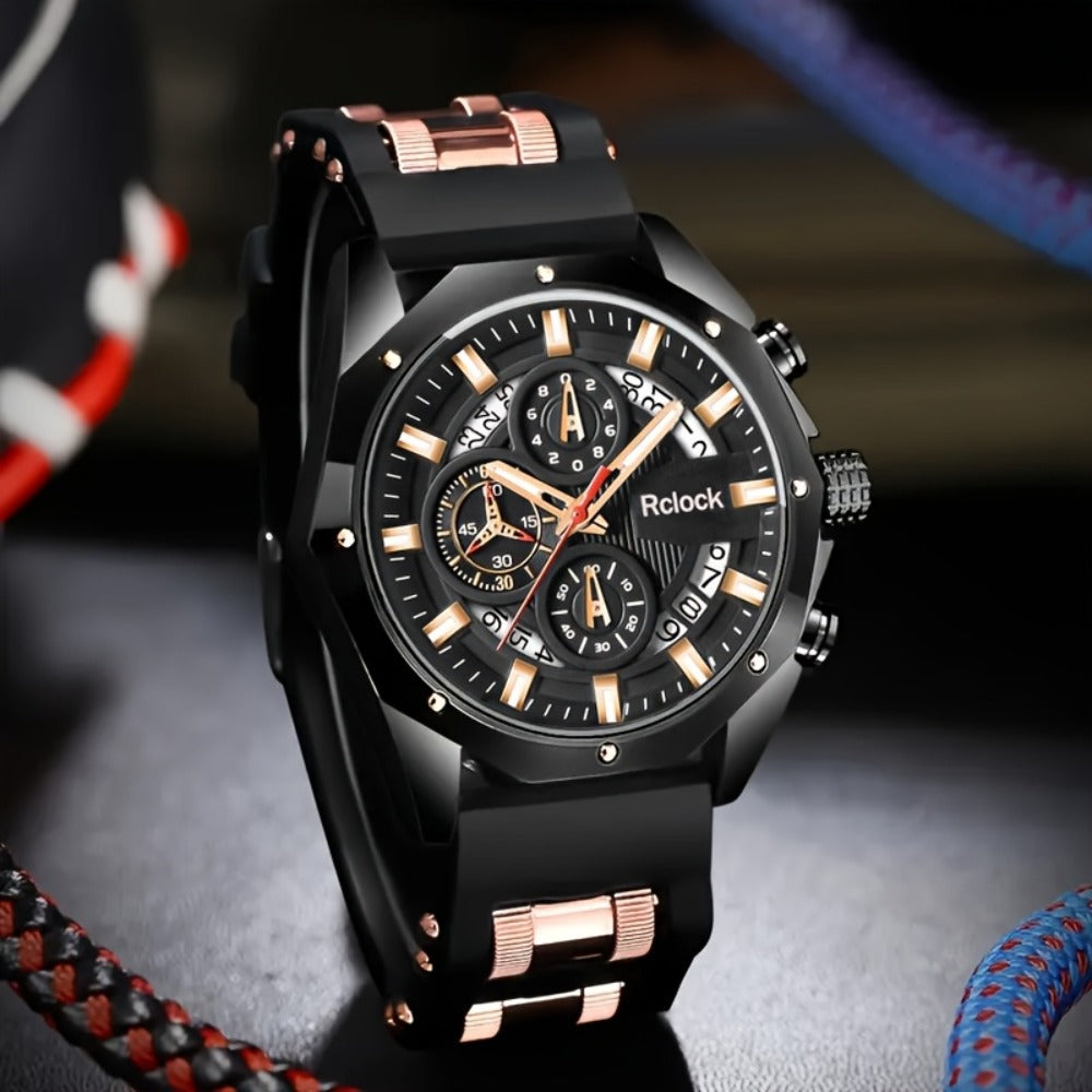 Men's Quartz Watch - Sport Chronograph for Vintage Large Round Dial Silicone Strap Calendar - product detail view 7