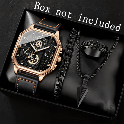 Men's Quartz Watch - Square for Vintage Faux Leather Strap Analog Wristwatch Polygon Dial - product detail view 32