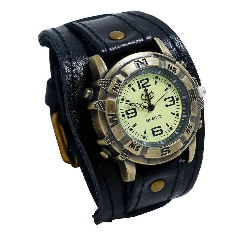 Men's Quartz Watch - Steampunk Vintage Wide Leather Strap Analog Wristwatch for Women Biker - product detail view 3