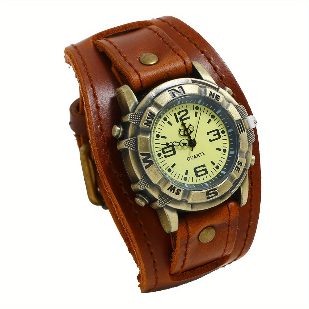 Men's Quartz Watch - Steampunk Vintage Wide Leather Strap Analog Wristwatch for Women Biker - product detail view 5