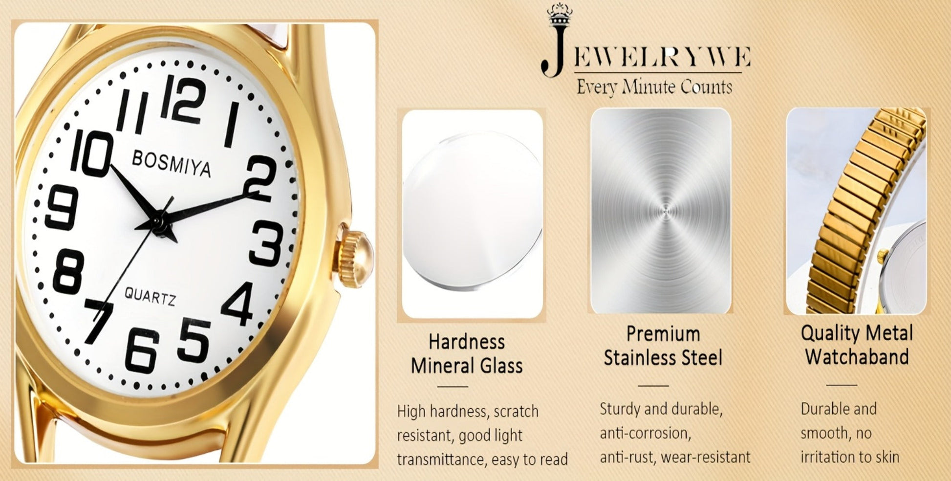 Men's Quartz Watch - Stretch Elastic Expandable Strap Analog Wristwatch Large Arabic Numerals - product detail view 16