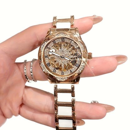 Women's Quartz Watch - Sunflower Rose Gold Ceramic Stainless Steel Two-Tone Band Waterproof - product detail view 3
