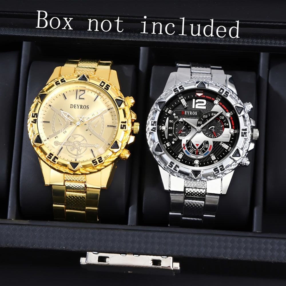 Men's Quartz Watch - Vintage Stainless Steel Set for 2pcs World Time Round Dial Battery Powered - product detail view 3