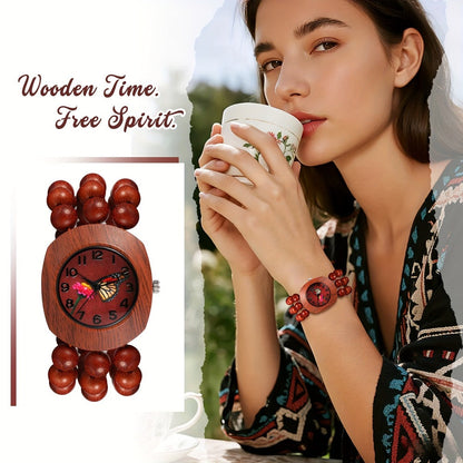 Women's Quartz Watch - Wood Beaded for Boho Elastic Bracelet Band, Butterfly Dial, Arabic - main product view