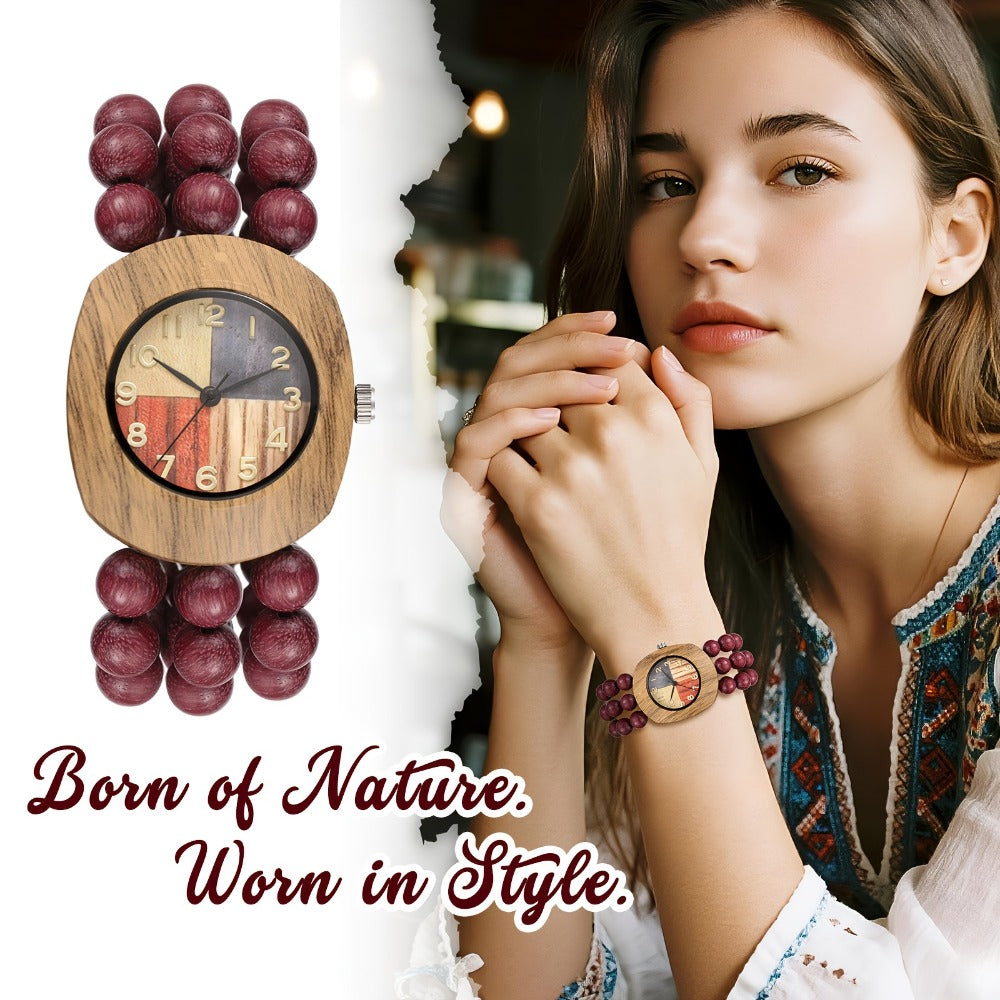 Women's Quartz Watch - Wood Beaded for Boho Elastic Bracelet Band, Butterfly Dial, Arabic - product detail view 4