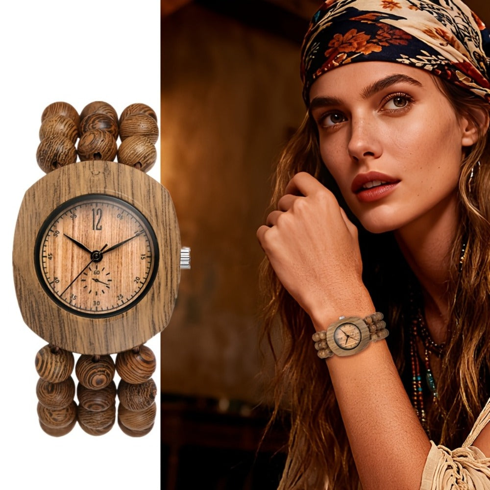 Women's Quartz Watch - Wood Beaded for Boho Elastic Bracelet Band, Butterfly Dial, Arabic - product detail view 8
